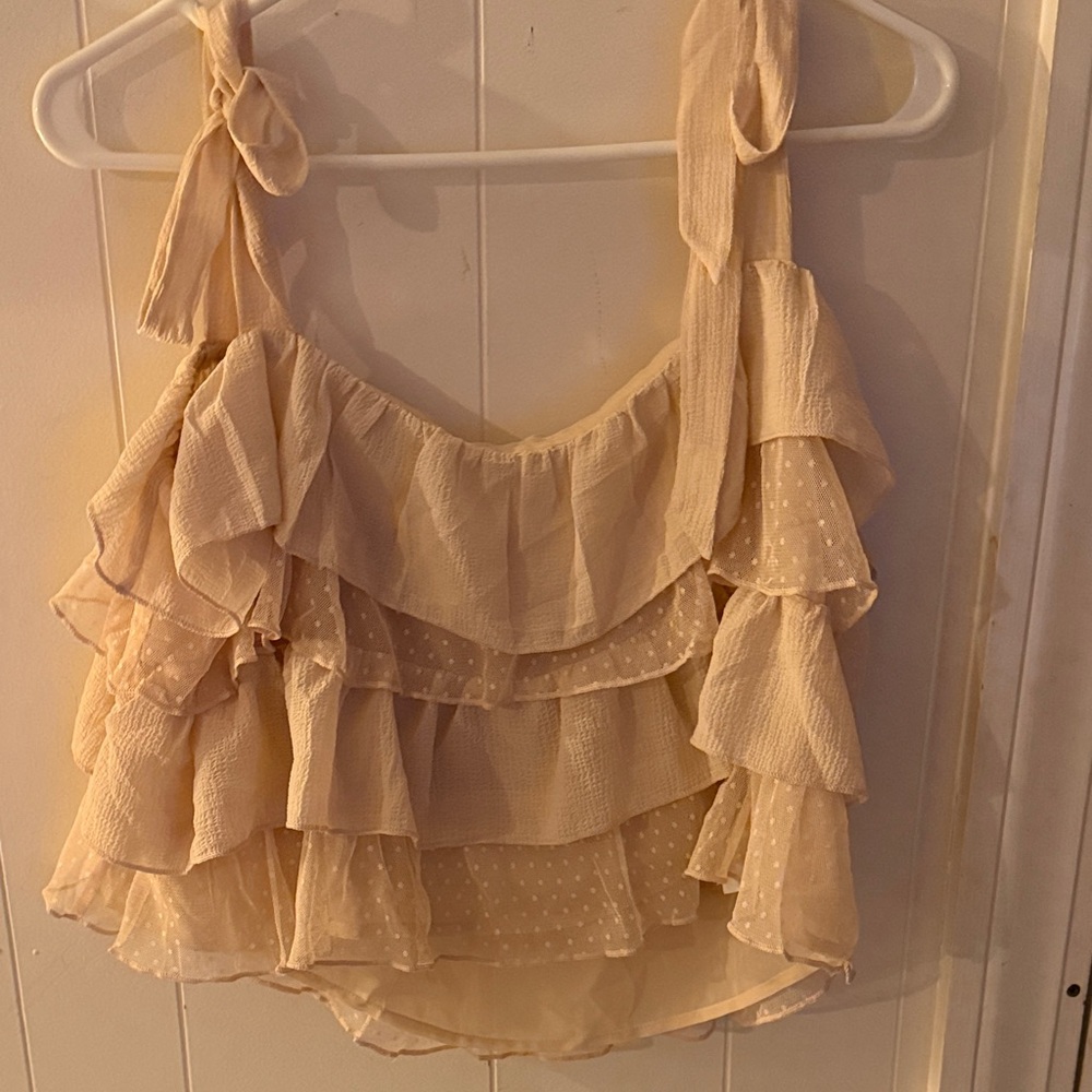 American Eagle Outfitters Cream Ruffle Tie-Strap Tank